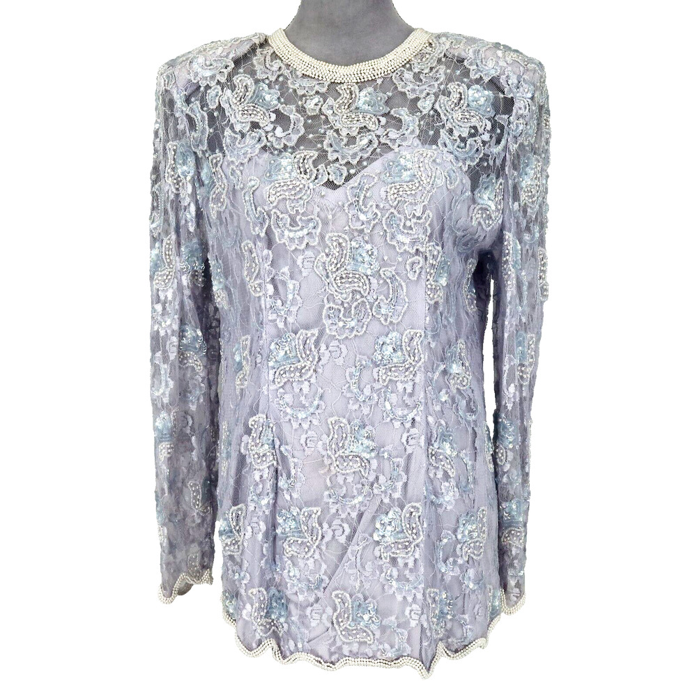 Judith Ann Creations Top Womens Large Lavender Blouse Lace Pearls Sequins Vtg